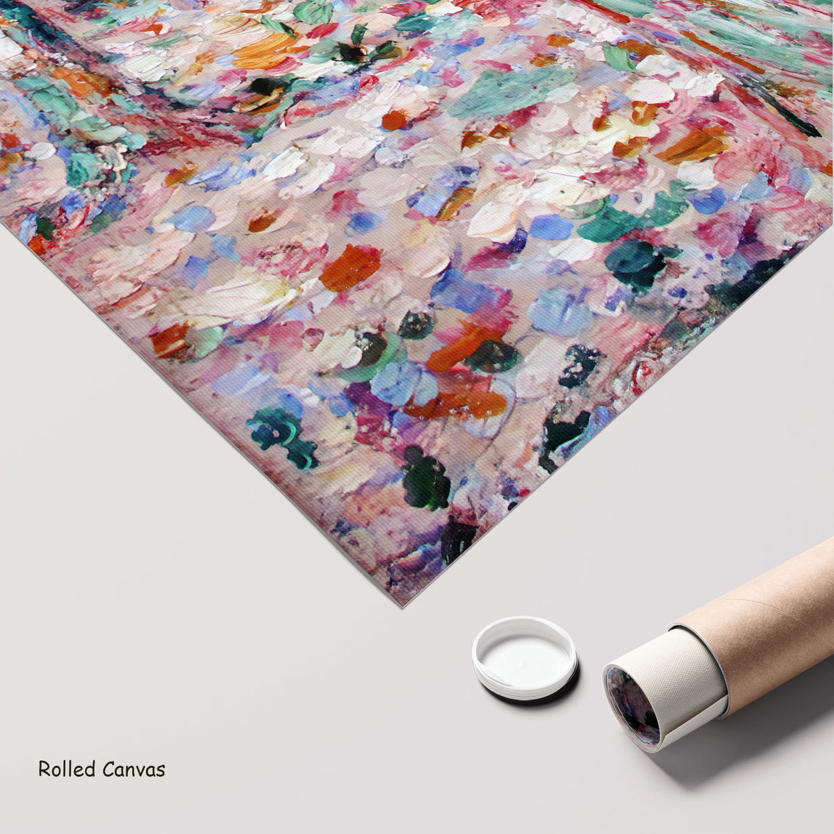Trunks of Pines in Sunlight by Christian Rohlfs as a large rolled pink and light blue Pointillist canvas print