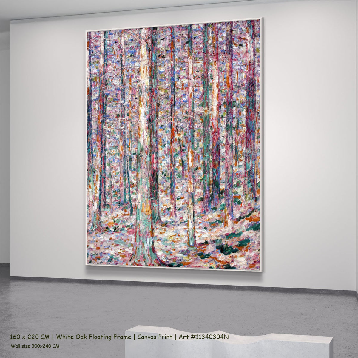 Trunks of Pines in Sunlight by Christian Rohlfs in a white oak floating frame, large pink and light blue Pointillist canvas