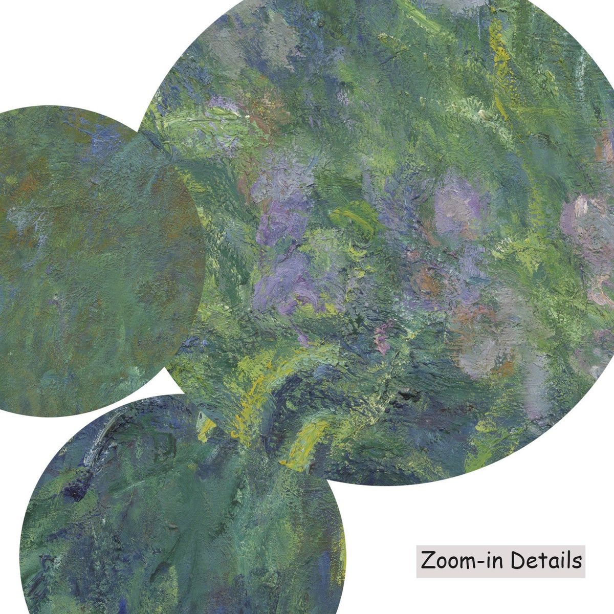 Close-up detail of the brushwork on Irises, a large green and blue Impressionist canvas by Claude Monet