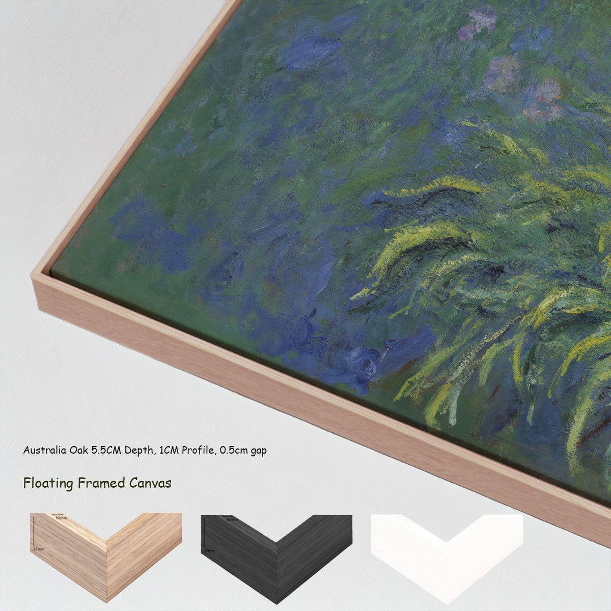 Irises by Claude Monet in a floating frame, large green and blue Impressionist canvas print