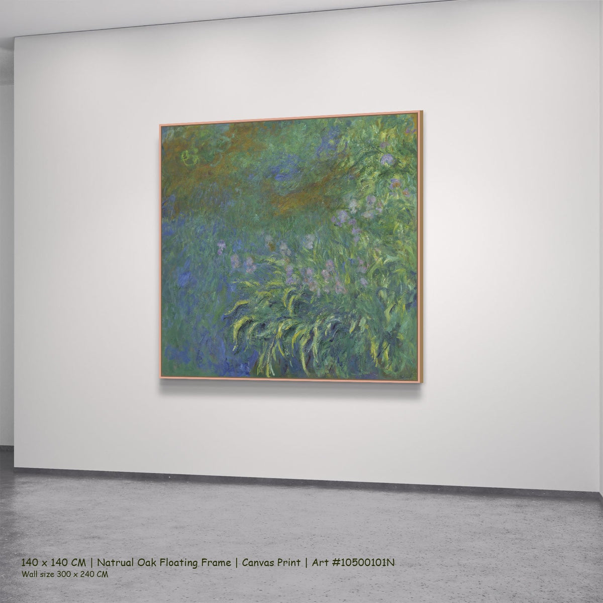 Irises by Claude Monet in a natural oak floating frame, large green and blue Impressionist canvas
