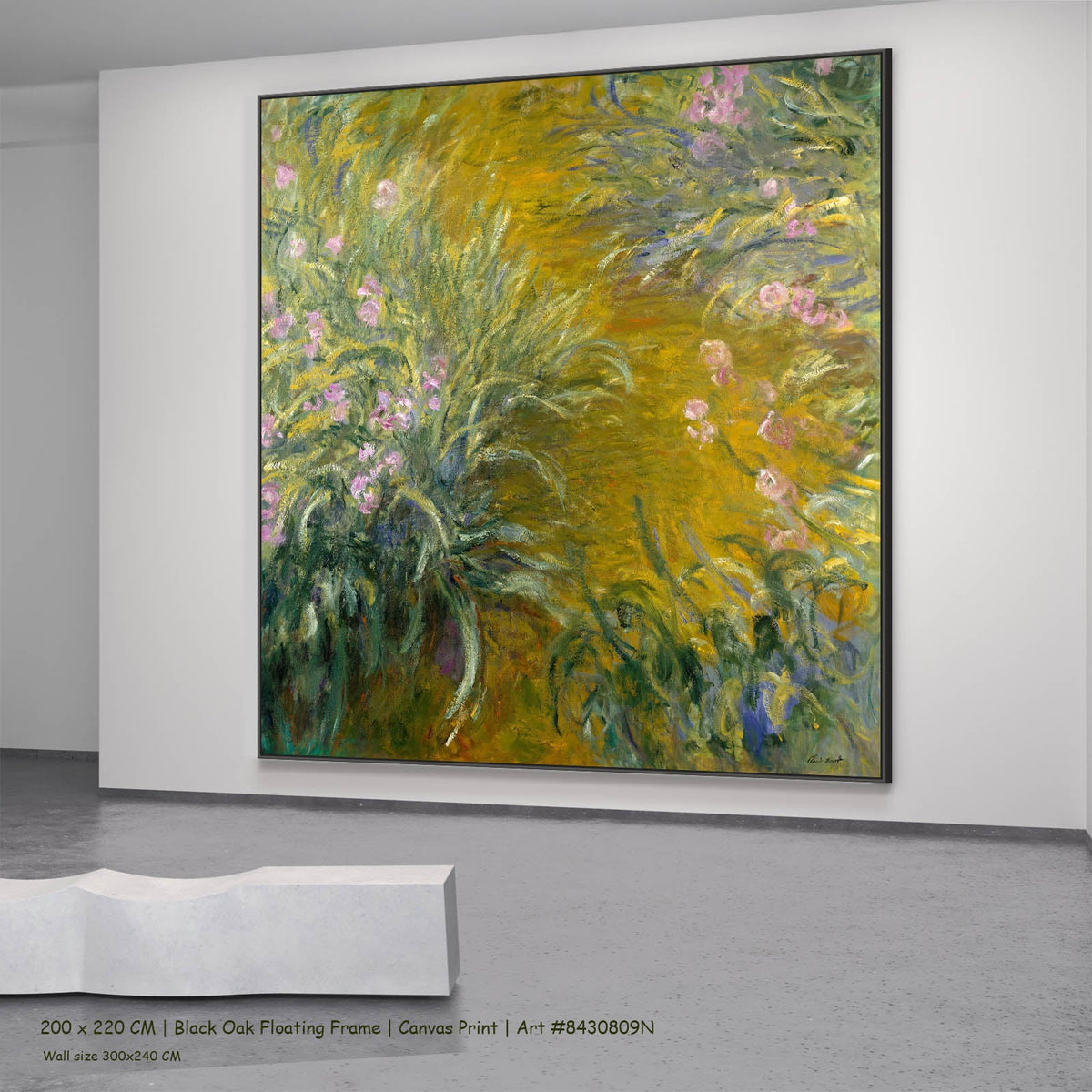 Claude Monet — Path through the Irises Floral canvas wall art in a black oak floating frame, 200 × 220 cm