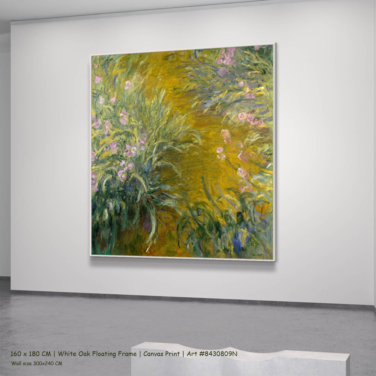 Claude Monet — Path through the Irises Floral canvas wall art in a white oak floating frame, 160 × 180 cm