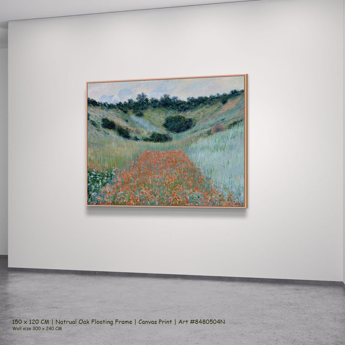 Claude Monet, Poppy Field near Giverny — Poppy Field in a Hollow near Giverny Landscape canvas wall art in a natural oak…