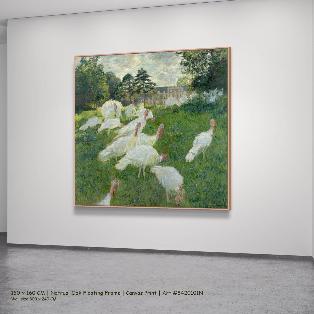 Claude Monet — The Turkeys Landscape canvas wall art in a natural oak floating frame, 160 × 160 cm
