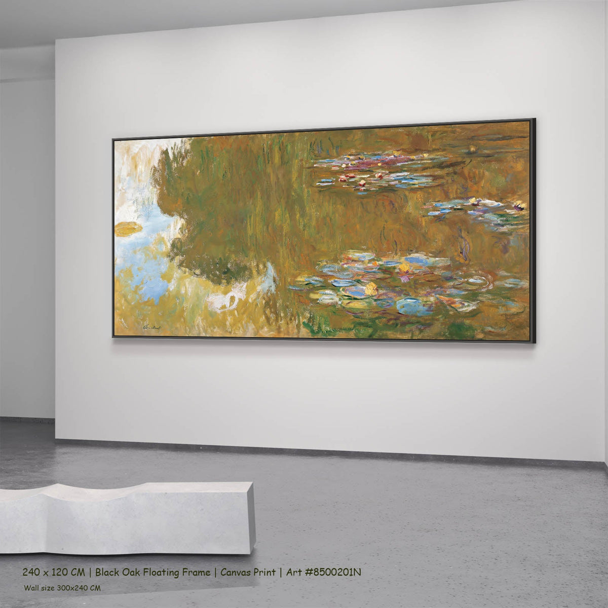 Claude Monet — The Water Lily Pond Landscape canvas wall art in a black oak floating frame, 240 × 120 cm