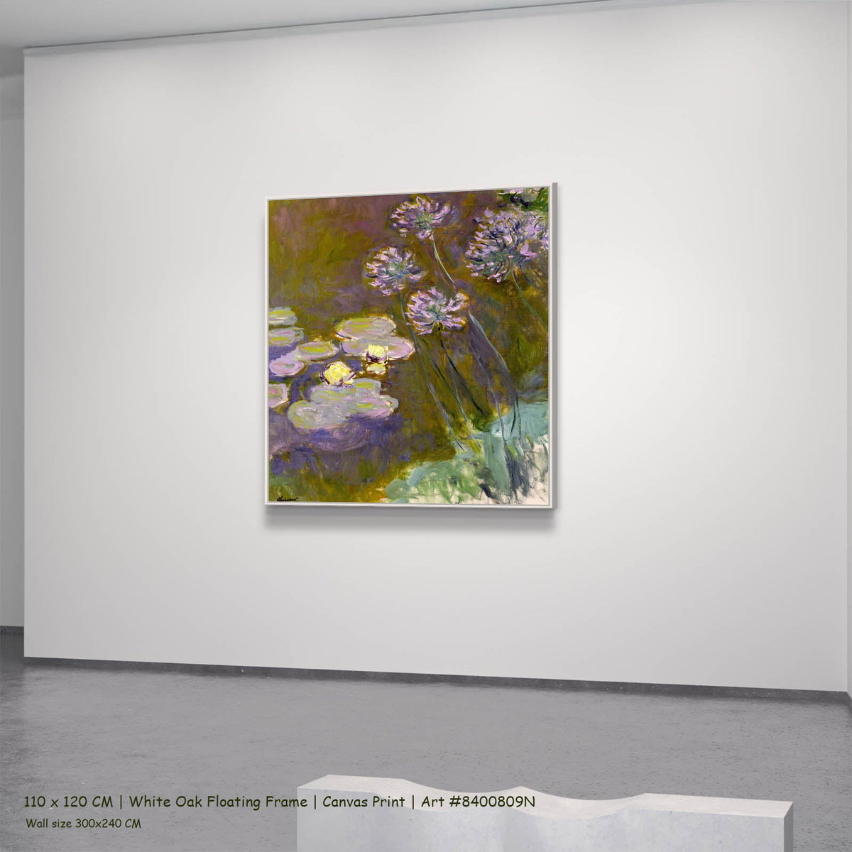 Claude Monet — Water Lilies and Agapanthus Floral canvas wall art in a white oak floating frame, 110 × 120 cm