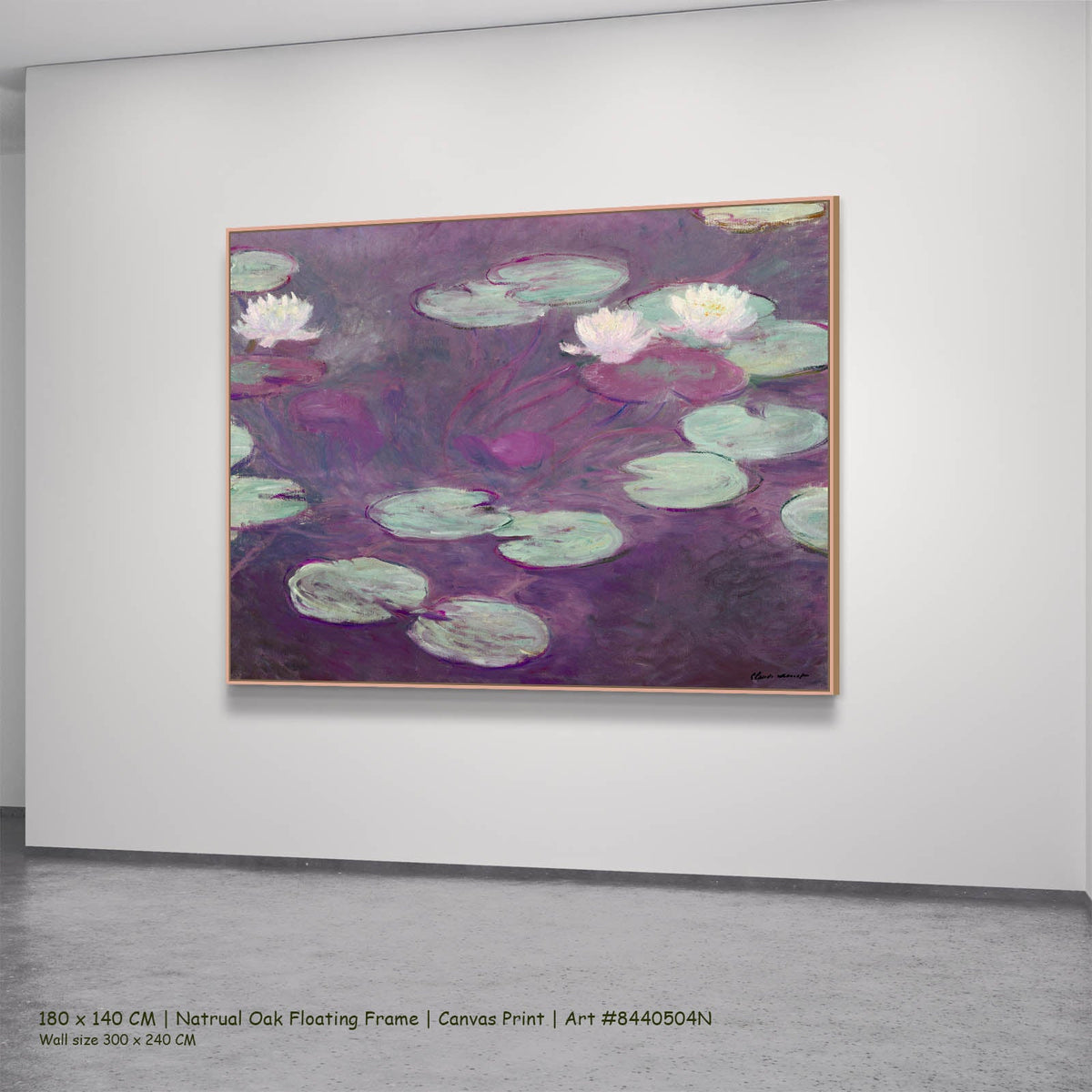 Claude Monet — Water Lilies (Nymphéas) Floral canvas wall art in a natural oak floating frame, 180 × 140 cm