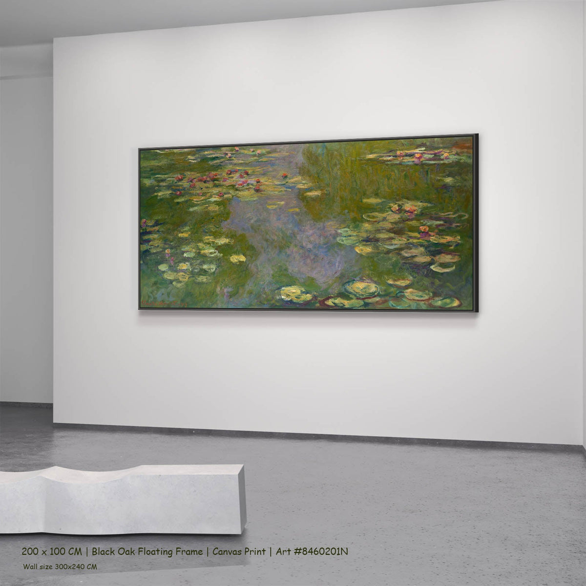 Claude Monet — Water Lilies (Wide Panorama) Floral canvas wall art in a black oak floating frame, 200 × 100 cm