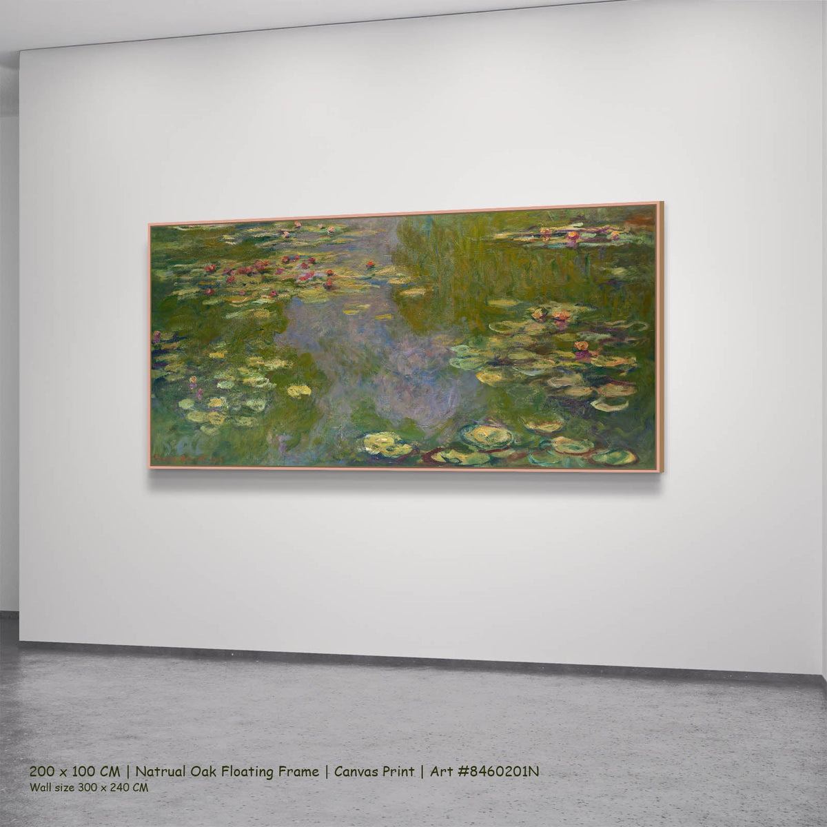 Claude Monet — Water Lilies (Wide Panorama) Floral canvas wall art in a natural oak floating frame, 200 × 100 cm