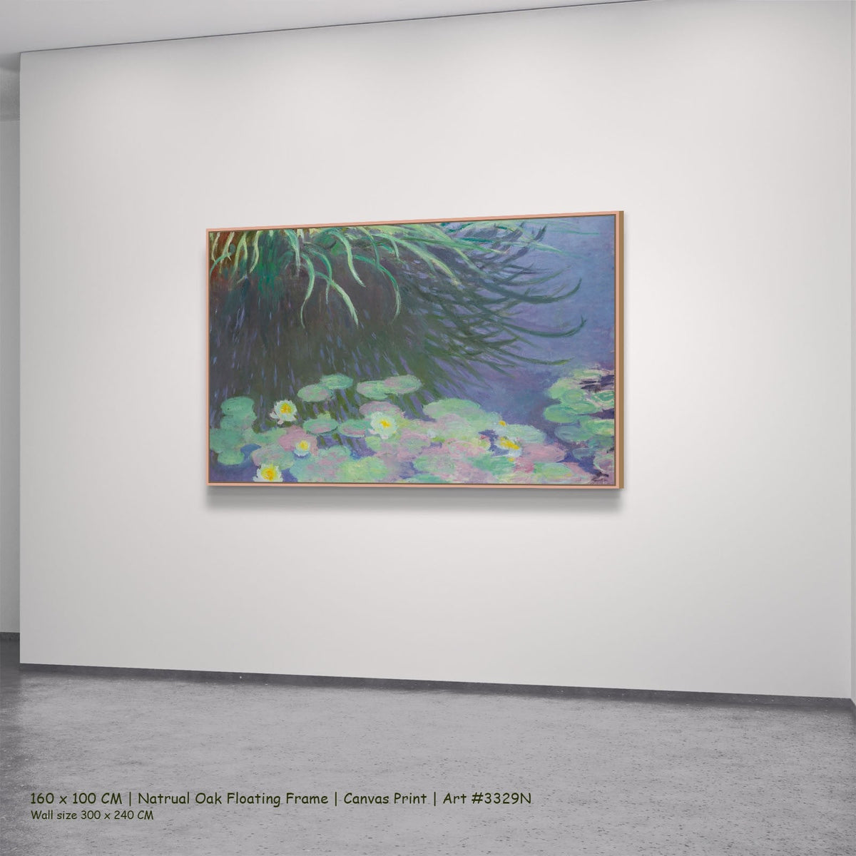 Claude Monet, Water-Lilies with Reflections of Green Grasses — 160x100 natural oak floating frame 2