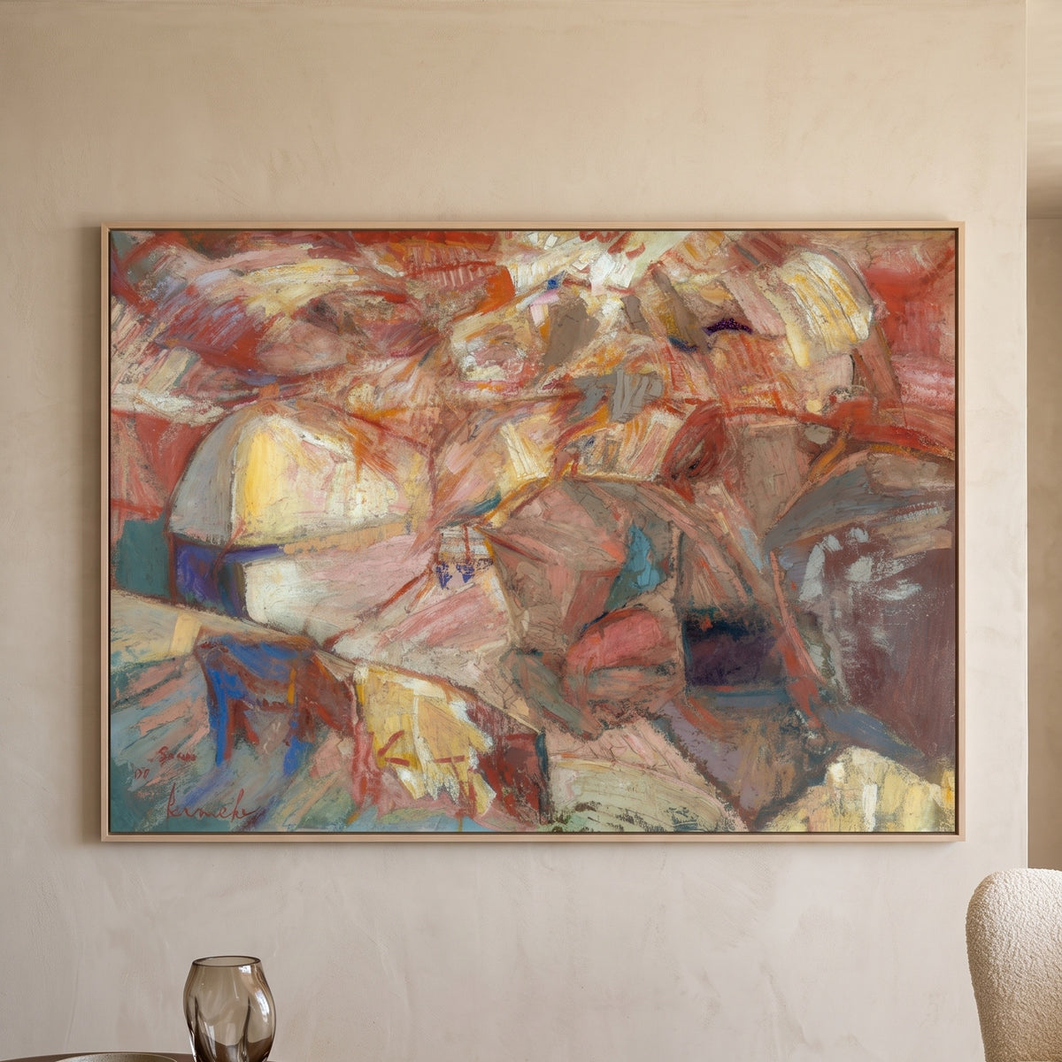 De oogst in Devonshire by Constant Permeke — large pink and red Expressionist canvas art displayed on a wall