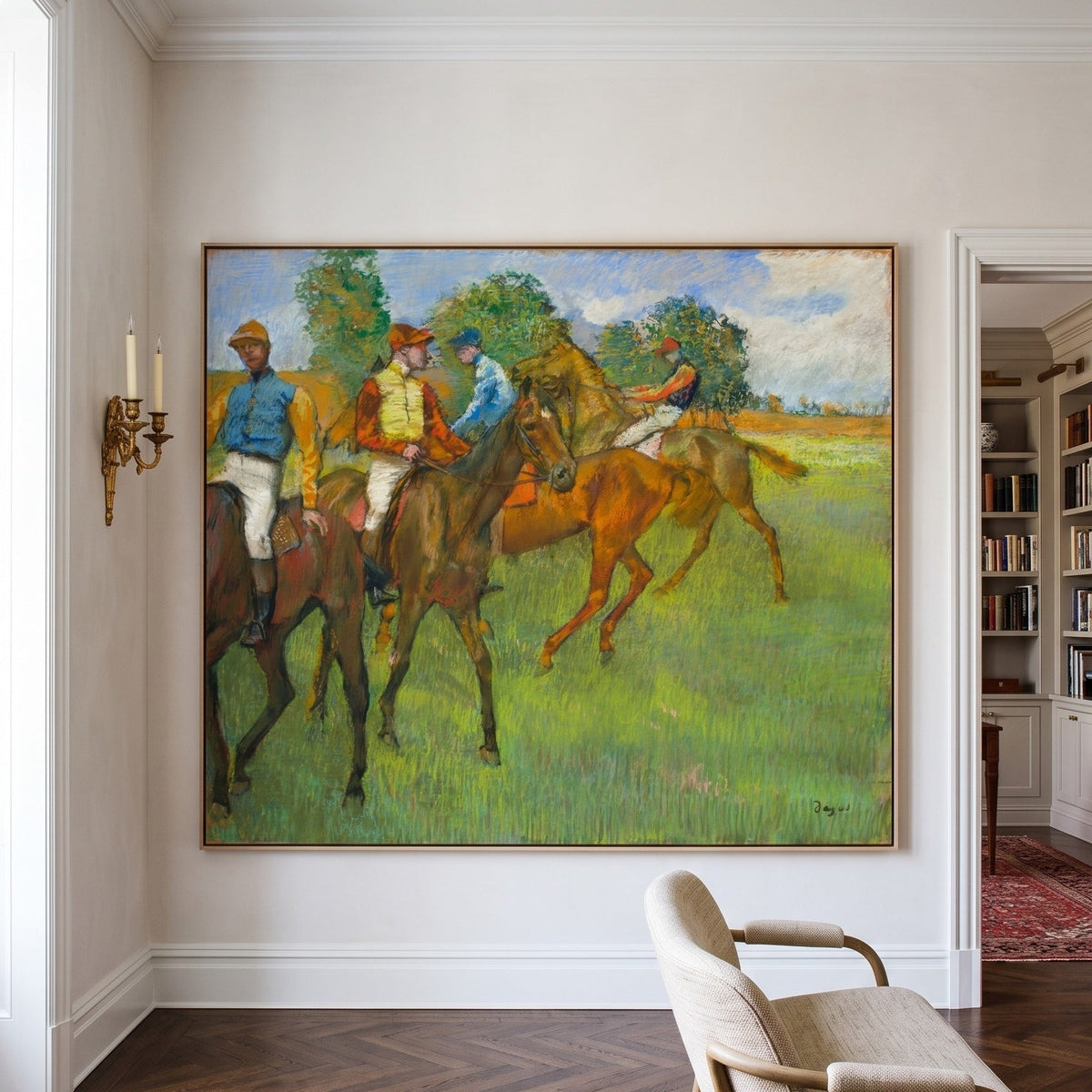 Before the Race by Edgar Degas — large green and brown Impressionist canvas art on a hallway wall
