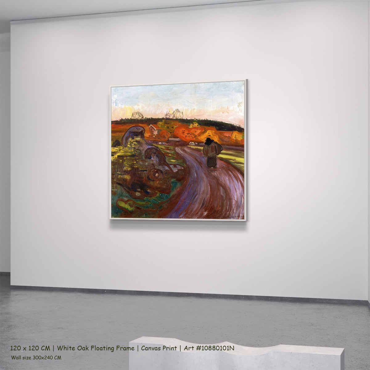 Autumn by Edvard Munch in a white oak floating frame, large brown and orange Expressionist canvas