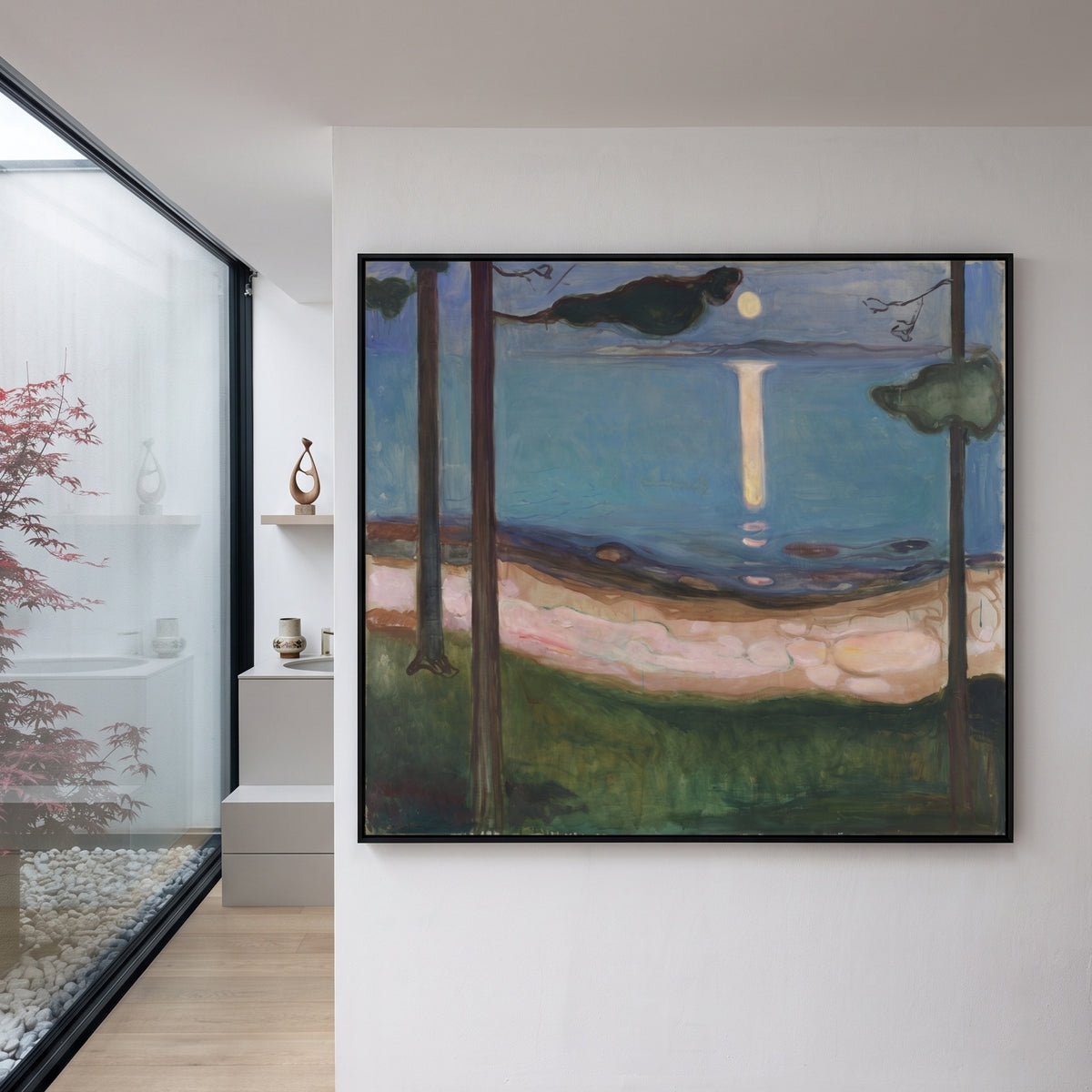 Moonlight by Edvard Munch — large blue and green Expressionist canvas art on a entryway wall