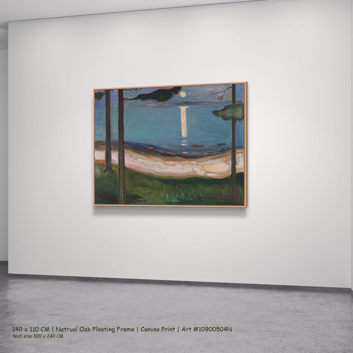 Moonlight by Edvard Munch in a natural oak floating frame, large blue and green Expressionist canvas