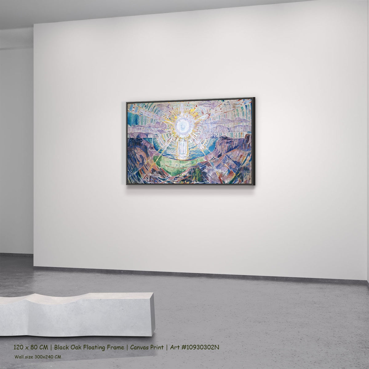 The Sun by Edvard Munch in a black oak floating frame, large purple and blue Expressionist canvas