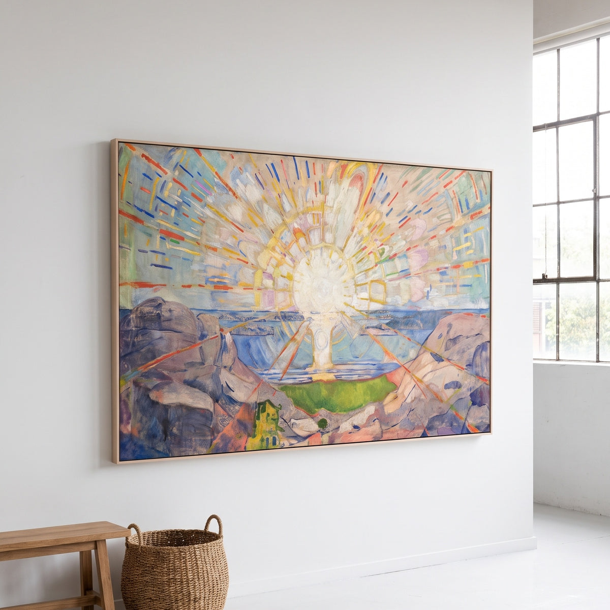 The Sun by Edvard Munch — large yellow and blue Expressionist canvas art on a living room wall