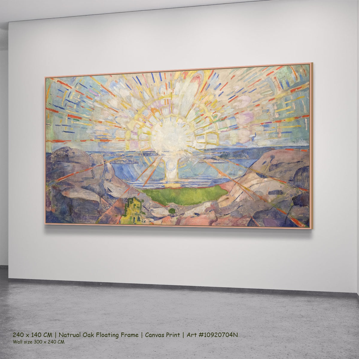 The Sun by Edvard Munch in a natural oak floating frame, large yellow and blue Expressionist canvas