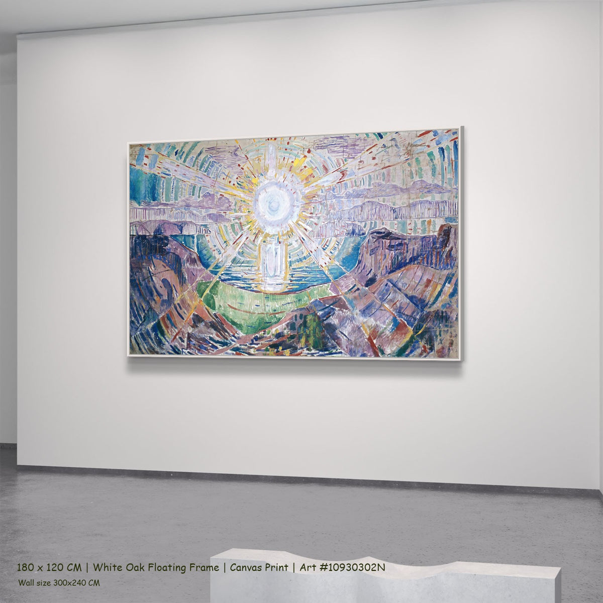 The Sun by Edvard Munch in a white oak floating frame, large purple and blue Expressionist canvas