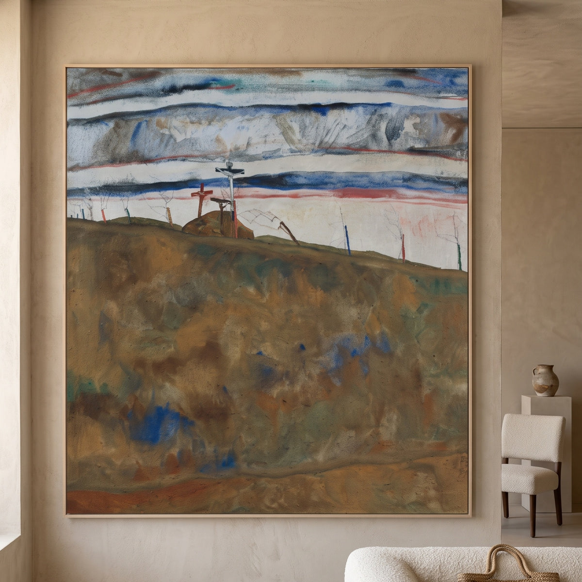 Calvary by Egon Schiele — large brown and white Expressionist canvas art displayed on a wall