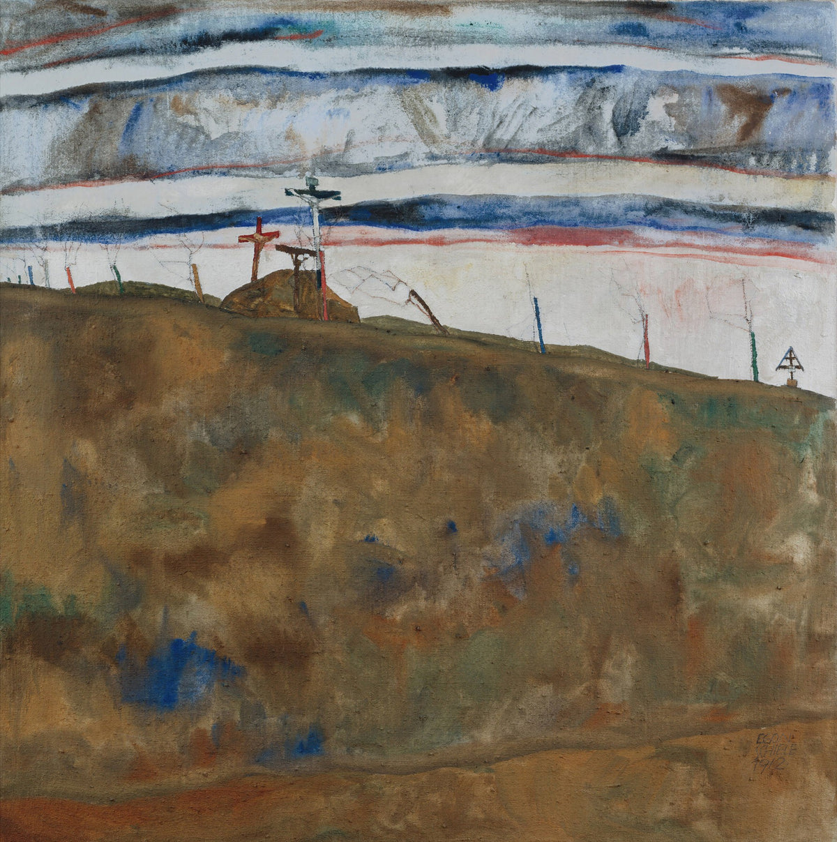 Large brown and white Expressionist canvas print of Calvary by Egon Schiele