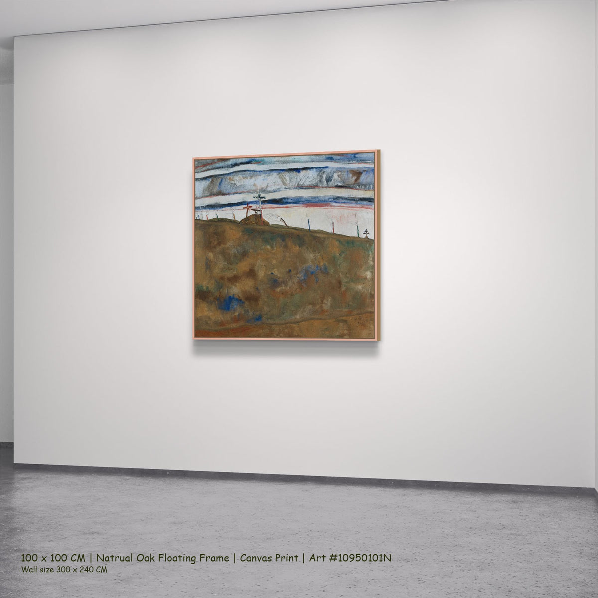 Calvary by Egon Schiele in a natural oak floating frame, large brown and white Expressionist canvas