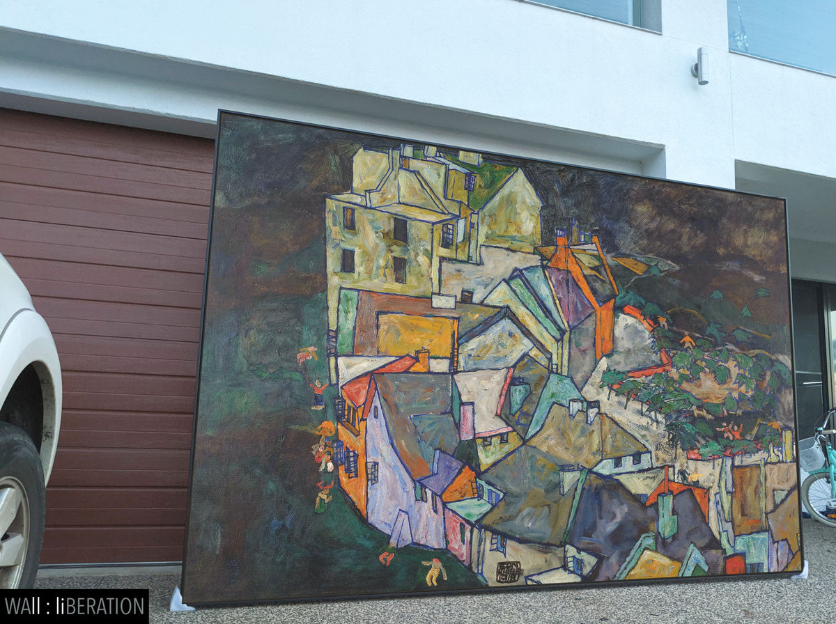 Egon Schiele — Crescent of Houses canvas — close-up detail of the framed canvas print