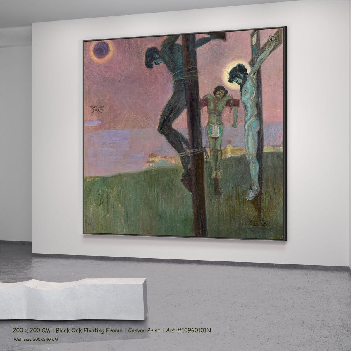 Crucifixion with Darkened Sun by Egon Schiele in a black oak floating frame, large pink and green Expressionist canvas