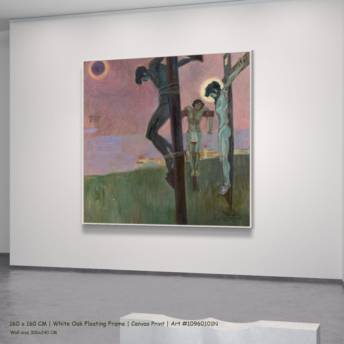 Crucifixion with Darkened Sun by Egon Schiele in a white oak floating frame, large pink and green Expressionist canvas