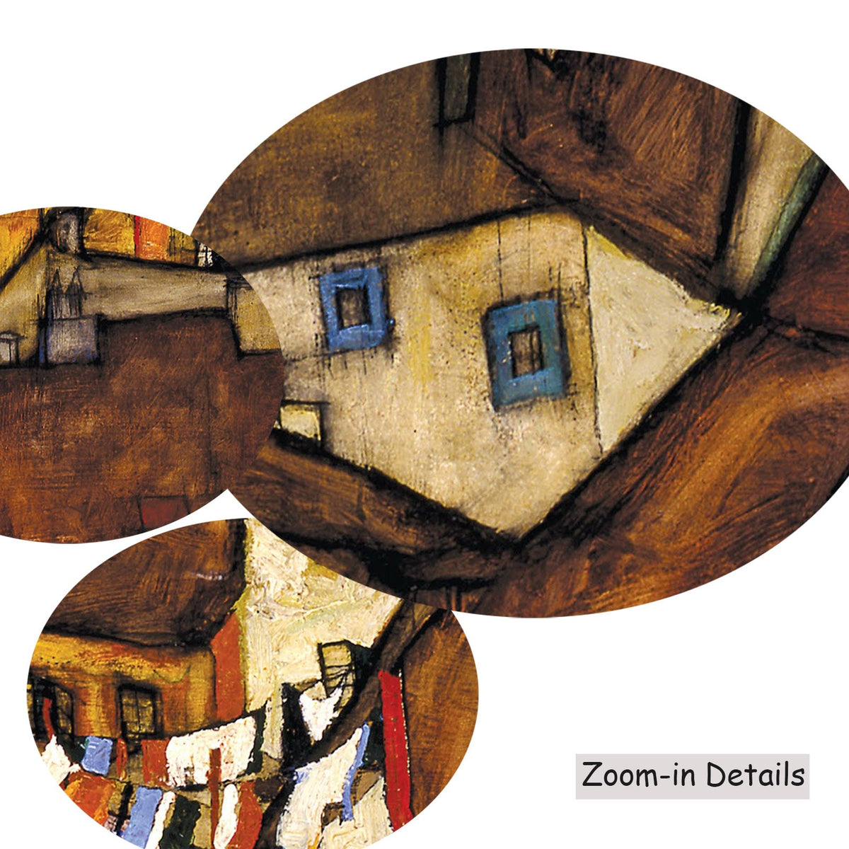 Egon Schiele — Close-up detail of the brushwork on Krumau - Crescent of Houses, a large brown and orange Expressionist…