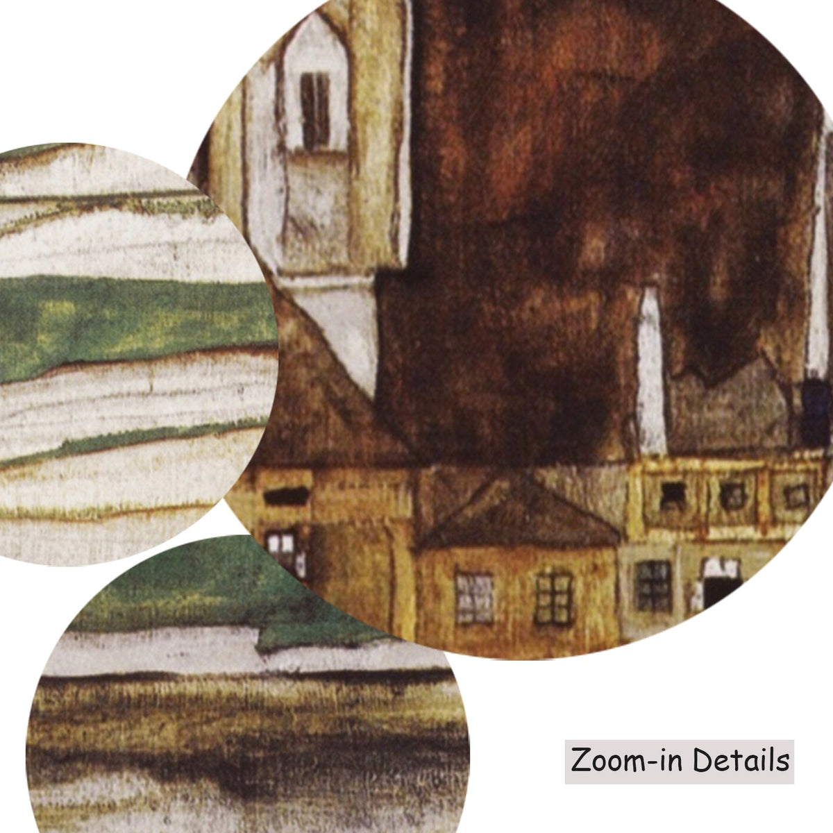 Egon Schiele — Close-up detail of the brushwork on Stein on the Danube, Seen from, a large brown and gold Expressionist…