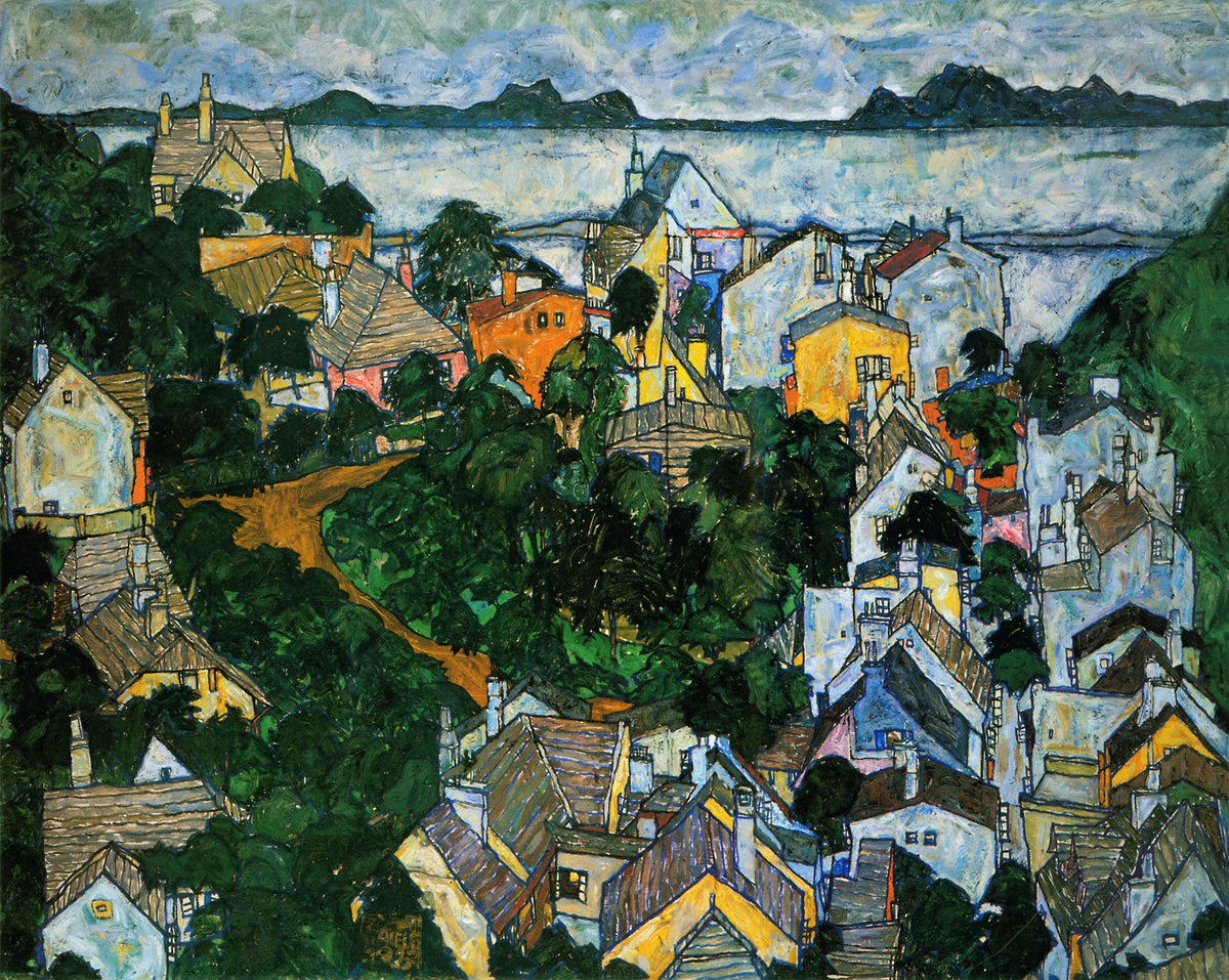 Large green and white Expressionist Abstract canvas print of Summer Landscape, Krumau by Egon Schiele