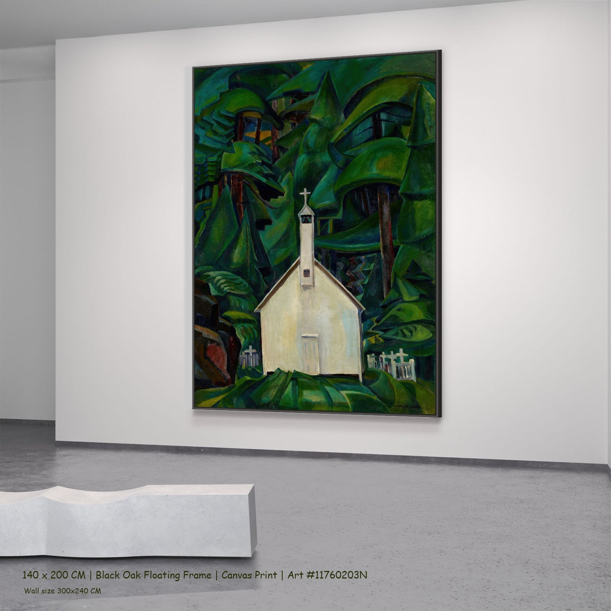 The Indian Church by Emily Carr in a black oak floating frame, large green and white Landscape canvas