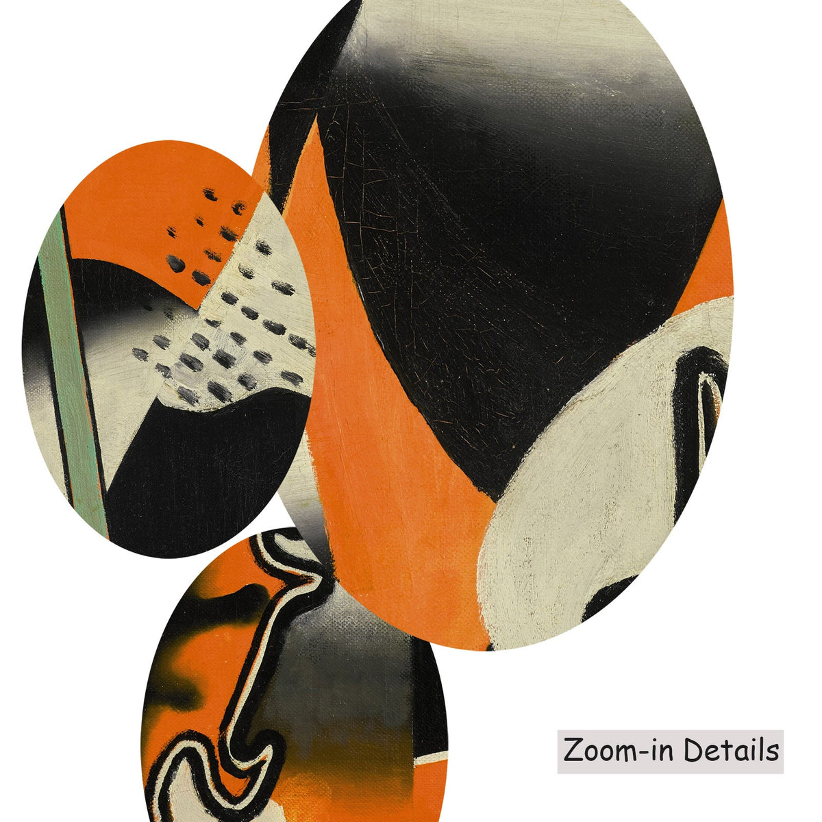Fernand Léger — Close-up detail of the brushwork on Nature morte à la pipe sur, a large orange and black Cubist Abstract…