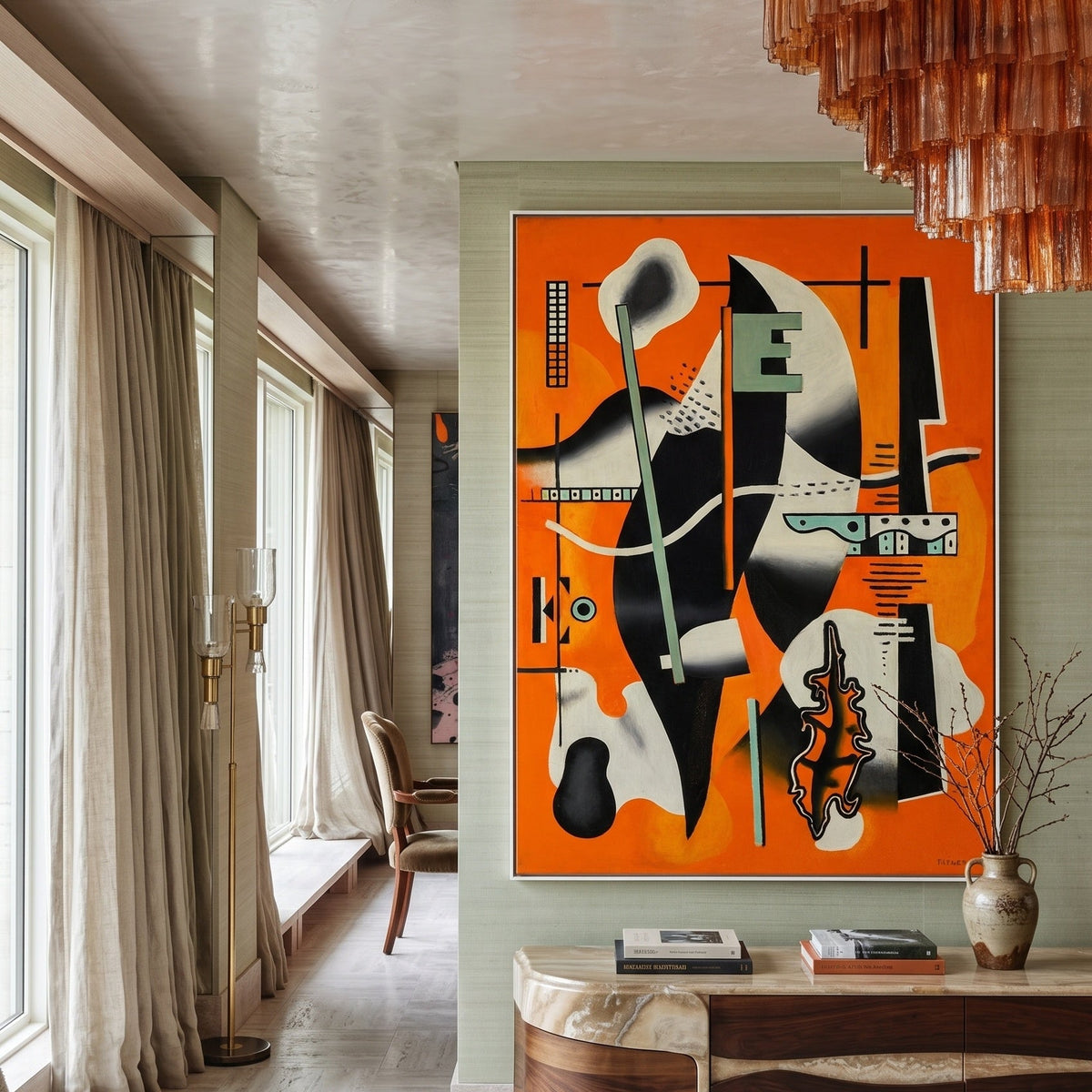 Nature morte à la pipe sur by Fernand Léger — large orange and black Cubist Abstract canvas art displayed on a wall