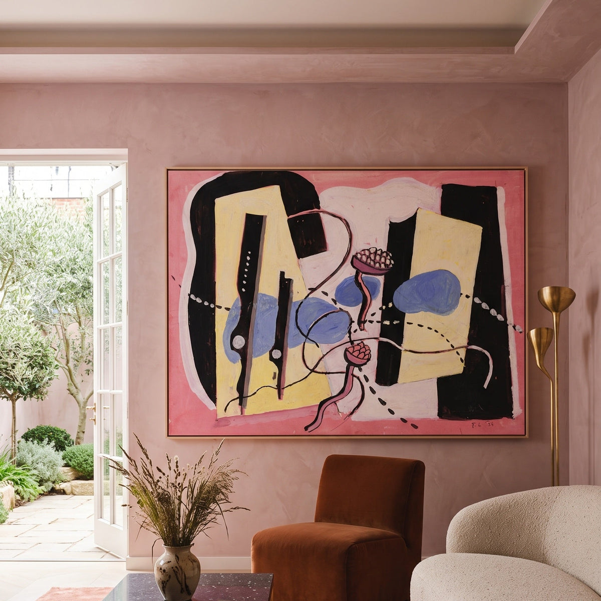 Nature Morte by Fernand Léger — large yellow and black Cubist Abstract canvas art on a living room wall