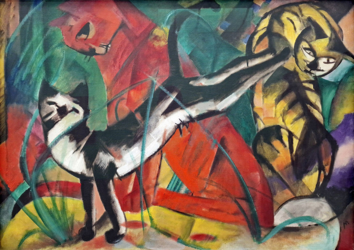 Large red and yellow Expressionist Abstract canvas print of Three Cats by Franz Marc