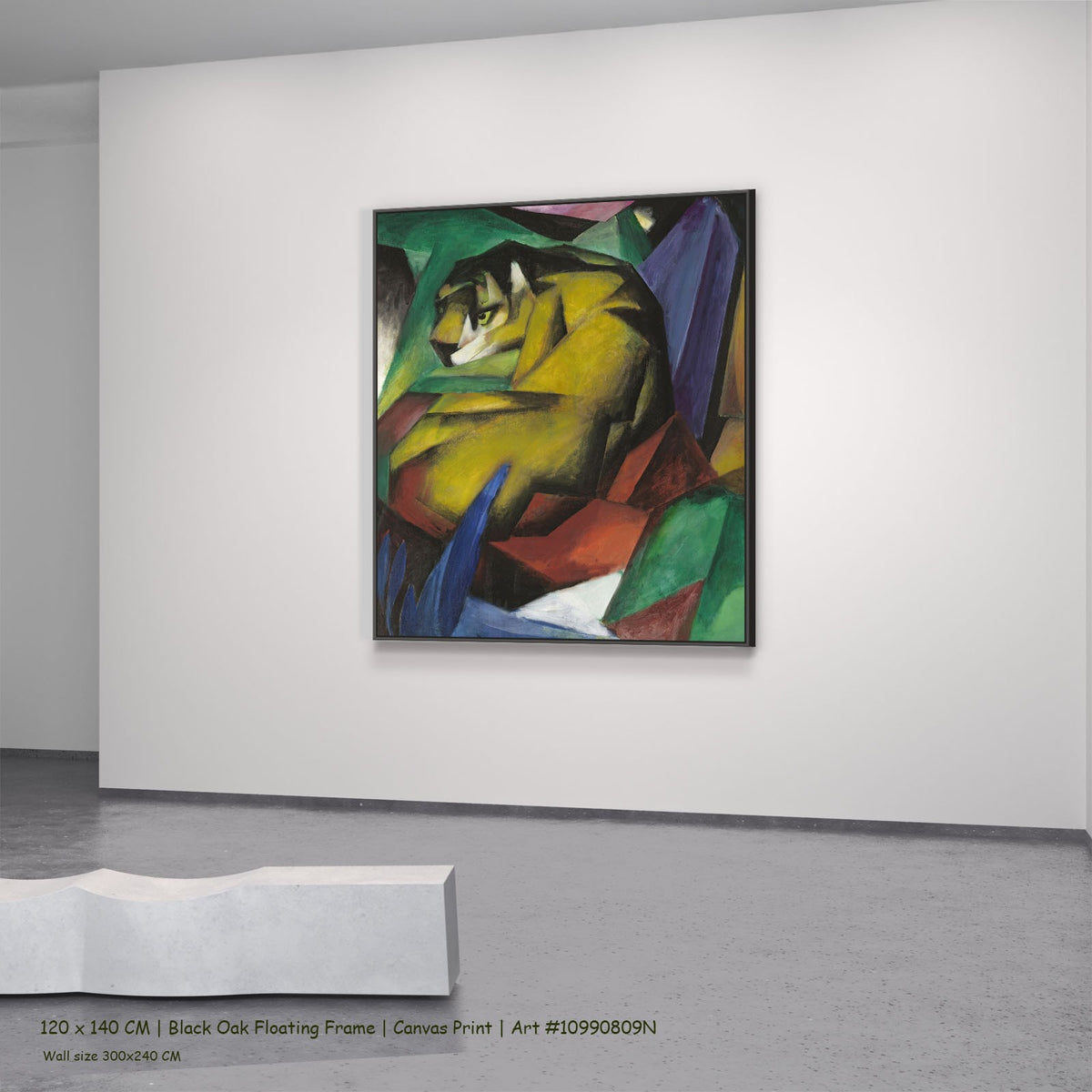 Tiger by Franz Marc in a black oak floating frame, large yellow and green Expressionist canvas