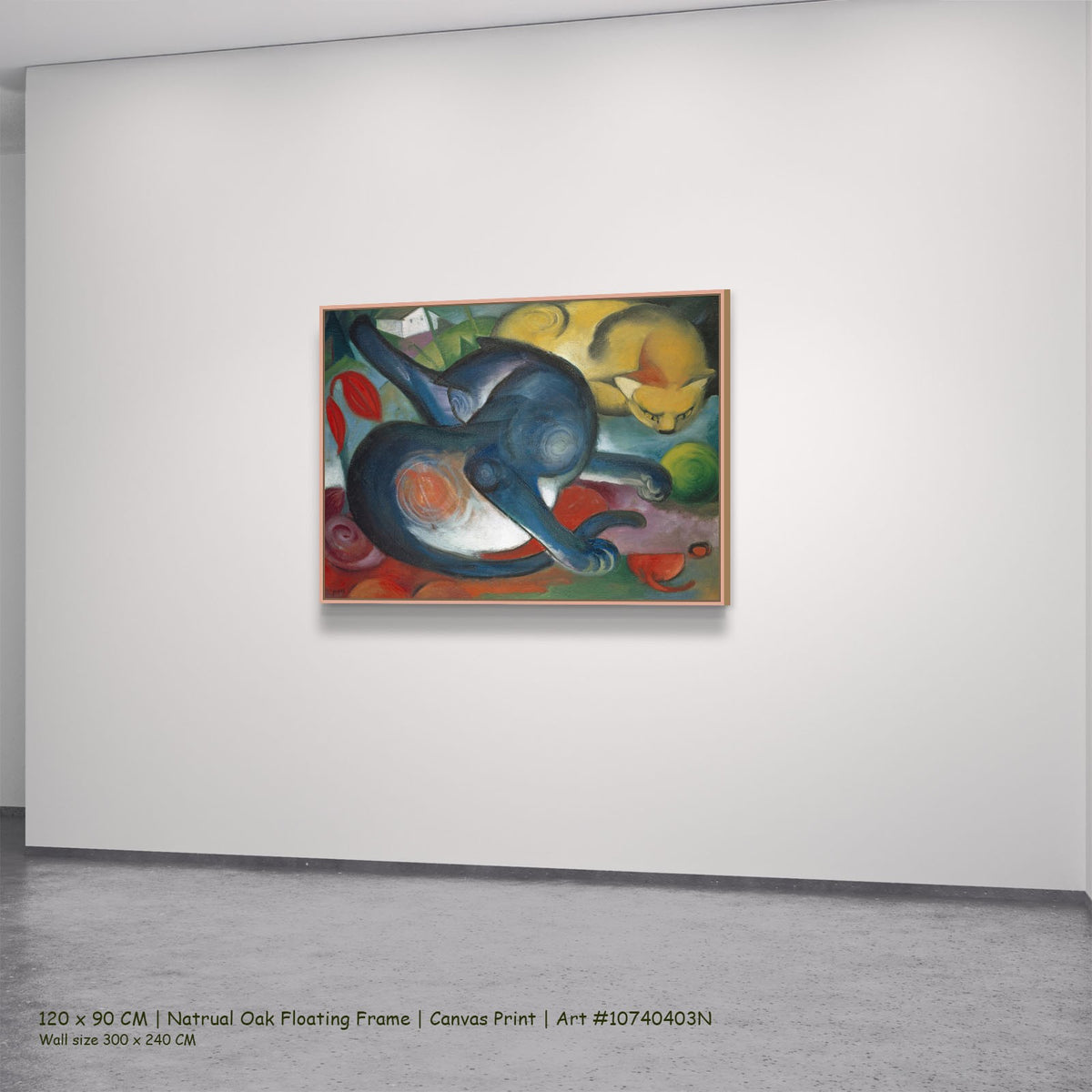 Two Cats, Blue and Yellow by Franz Marc in a natural oak floating frame, large blue and yellow Expressionist Abstract canvas