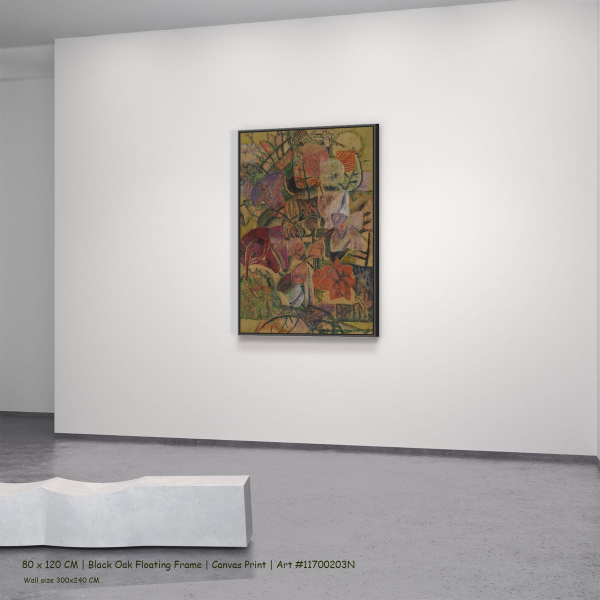 Fleurs by Frits Van den Berghe in a black oak floating frame, large olive and orange Expressionist canvas