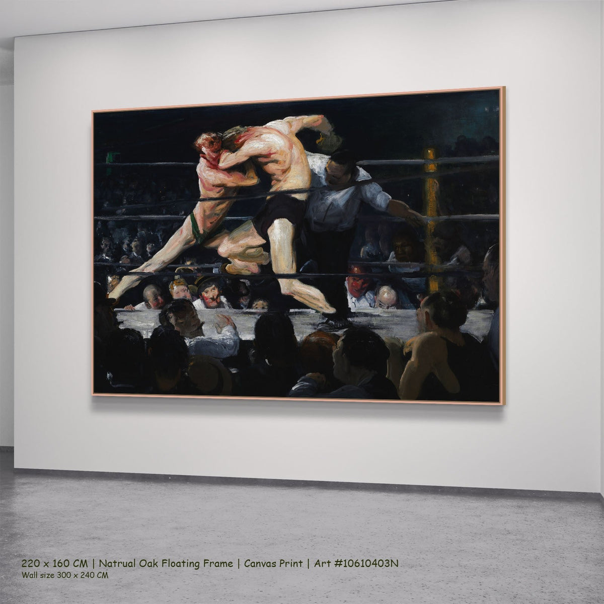 Stag at Sharkey's by George Bellows in a natural oak floating frame, large pink and black Boxing canvas