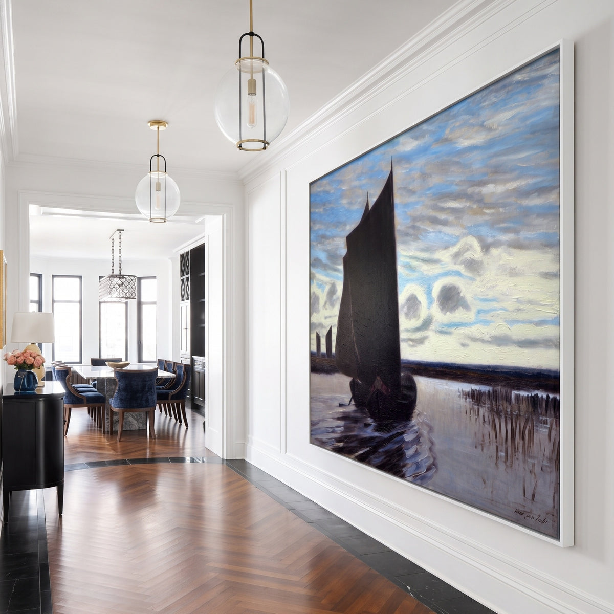 Torfsegler auf der Hamme by Hans am Ende — large light blue and black Impressionist canvas art on a hallway wall