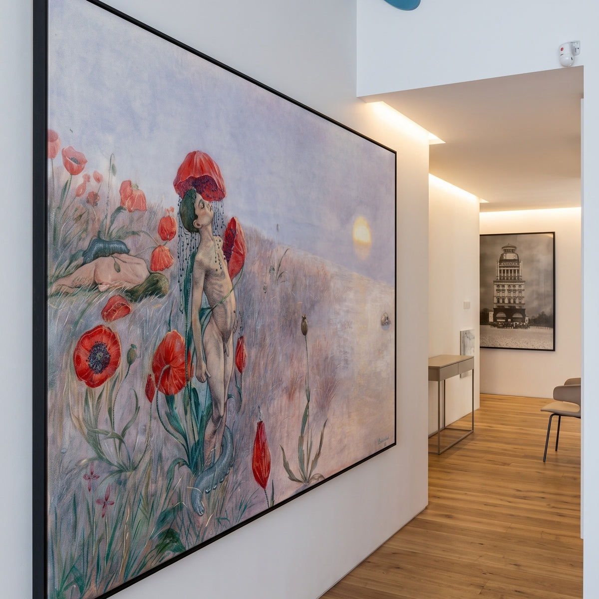 Death by Hans Baluschek — large red and grey Symbolist canvas art on a living room wall