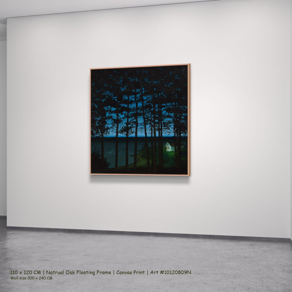 Fisherman's Cottage by Harald Oscar Sohlberg in a natural oak floating frame, large blue and green Landscape canvas