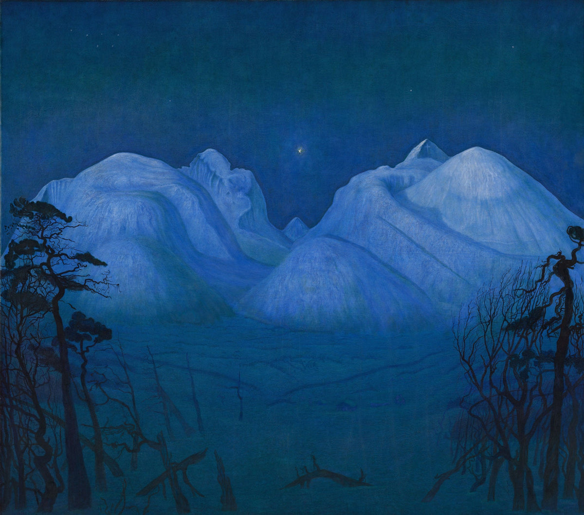 Large blue and light blue Landscape canvas print of Winter Night in the Mountains by Harald Sohlberg