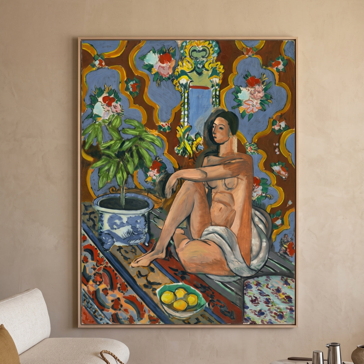 Decorative Figure on an Ornamental Background by Henri Matisse — large blue and brown Fauvist canvas art displayed on a wall