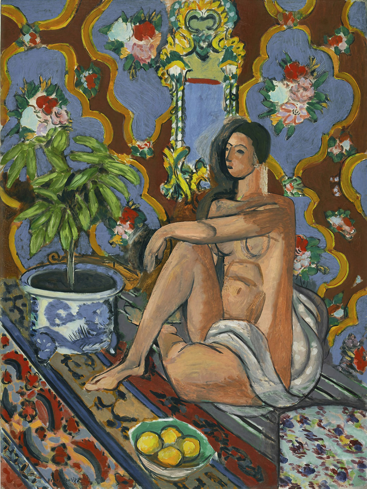 Large blue and brown Fauvist canvas print of Decorative Figure on an Ornamental Background by Henri Matisse