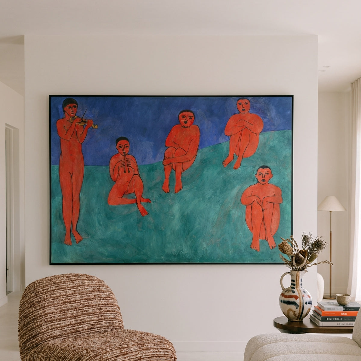 Music by Henri Matisse — large red and green Fauvist canvas art on a living room wall
