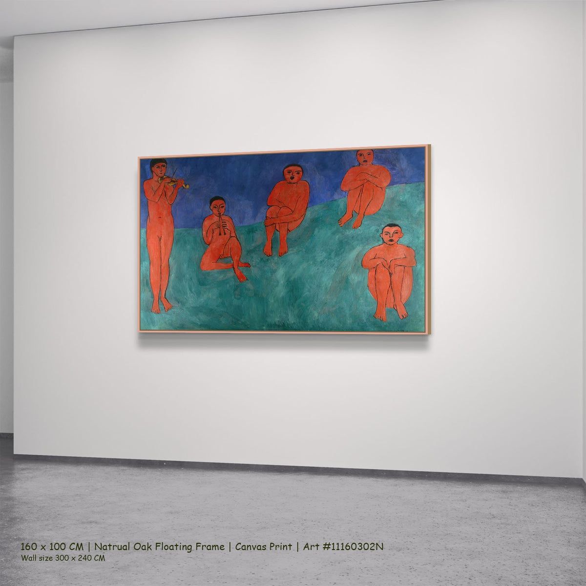Music by Henri Matisse in a natural oak floating frame, large red and green Fauvist canvas